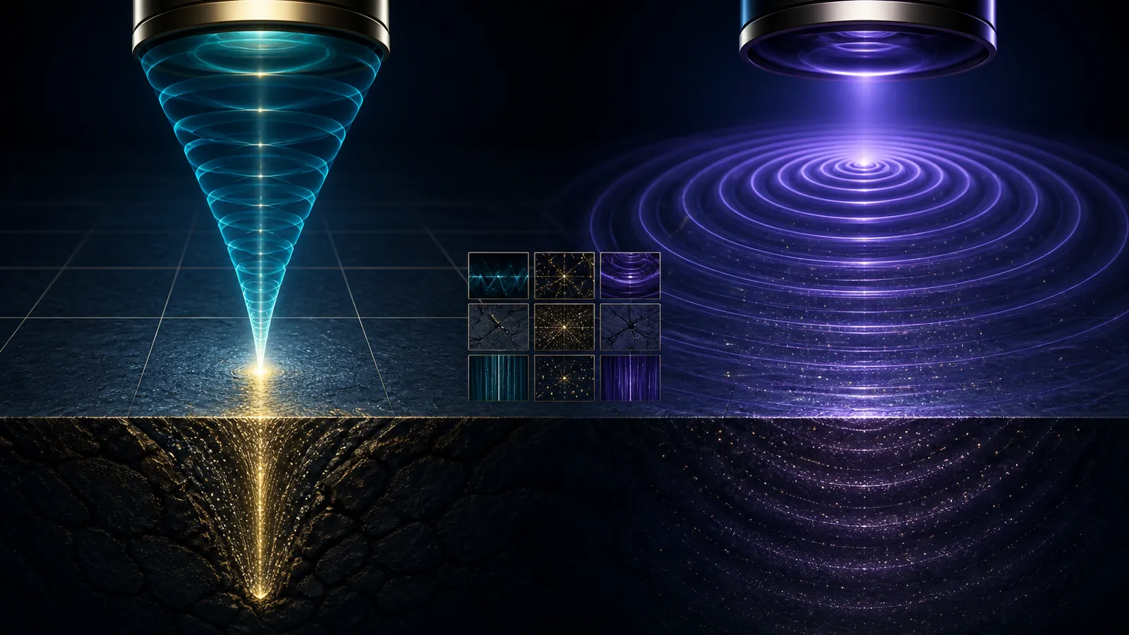 Abstract focused shockwave beam and spreading radial pressure field crossing separate evidence checkpoints