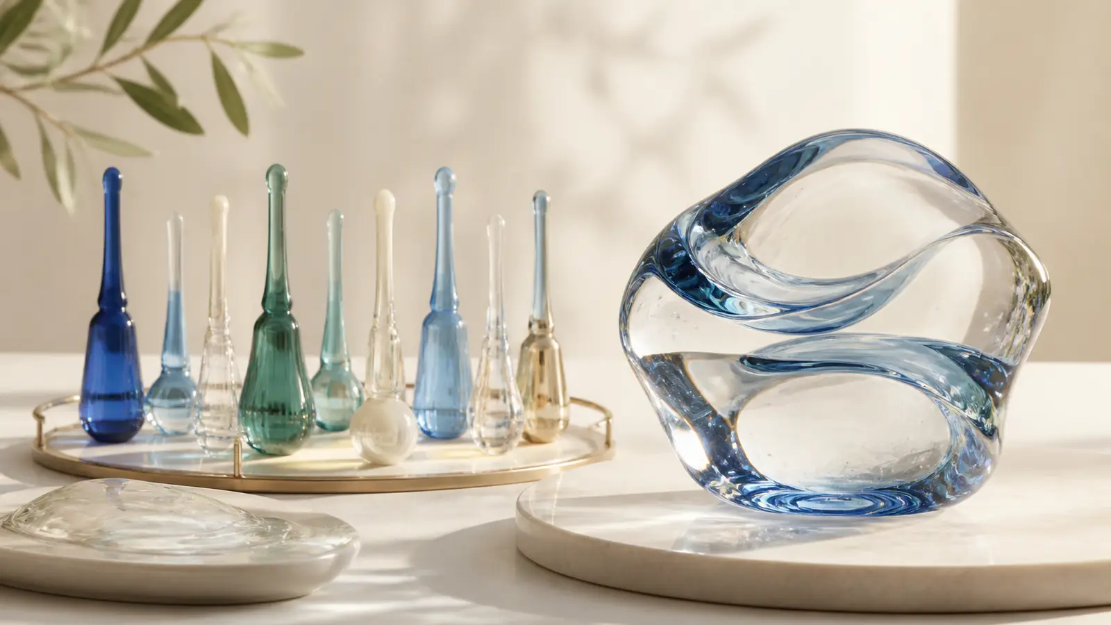 Thin dew layer, a tray of varied glass vessels, and a dimensional gel sculpture