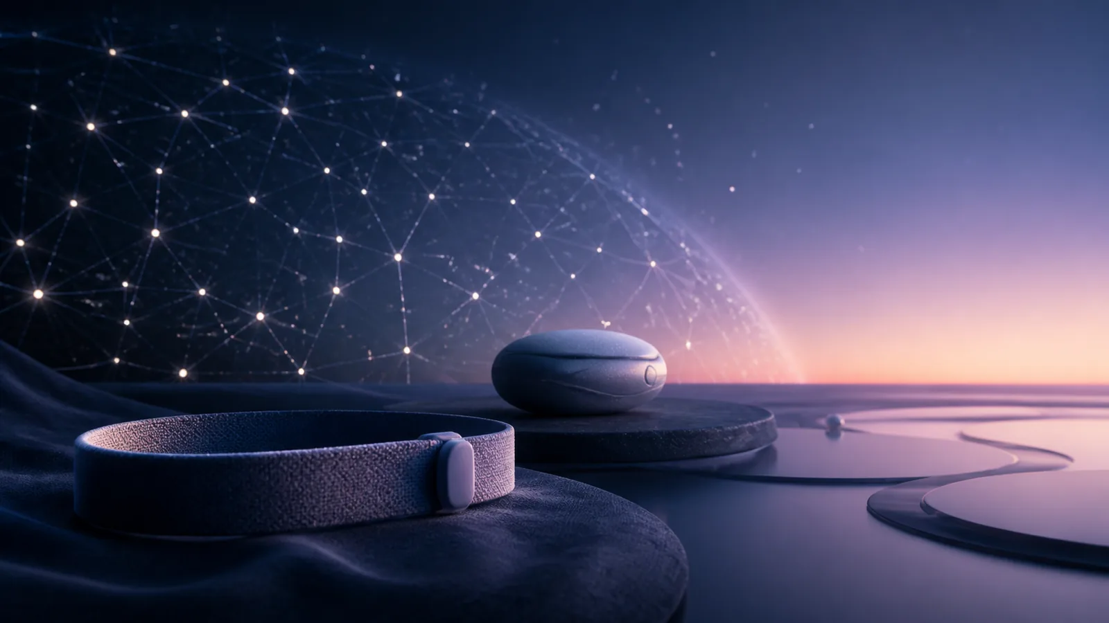 A soft woven band, an abstract bedside sensor, and a deep constellation of measurement points at dawn
