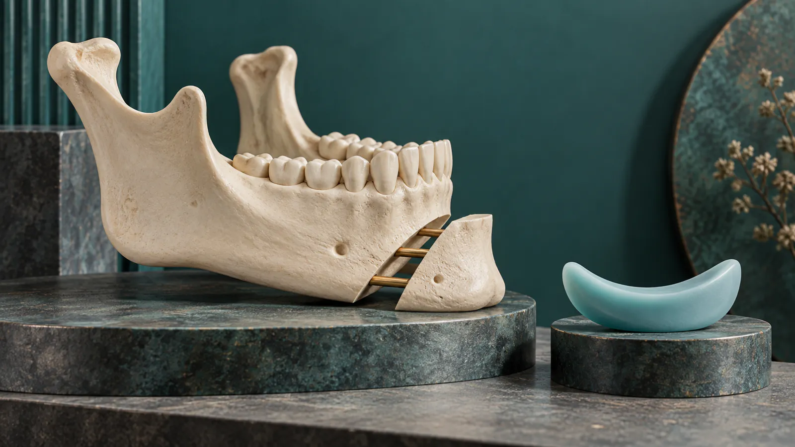 Jaw and chin sculpture with a movable bone segment beside a separate implant form