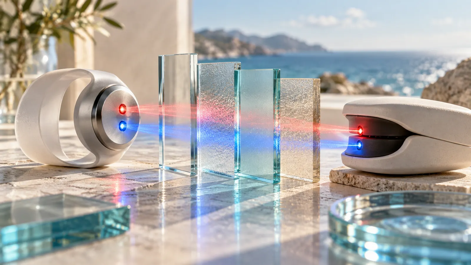 Crimson and blue light travel through glass toward generic wrist and fingertip sensor forms