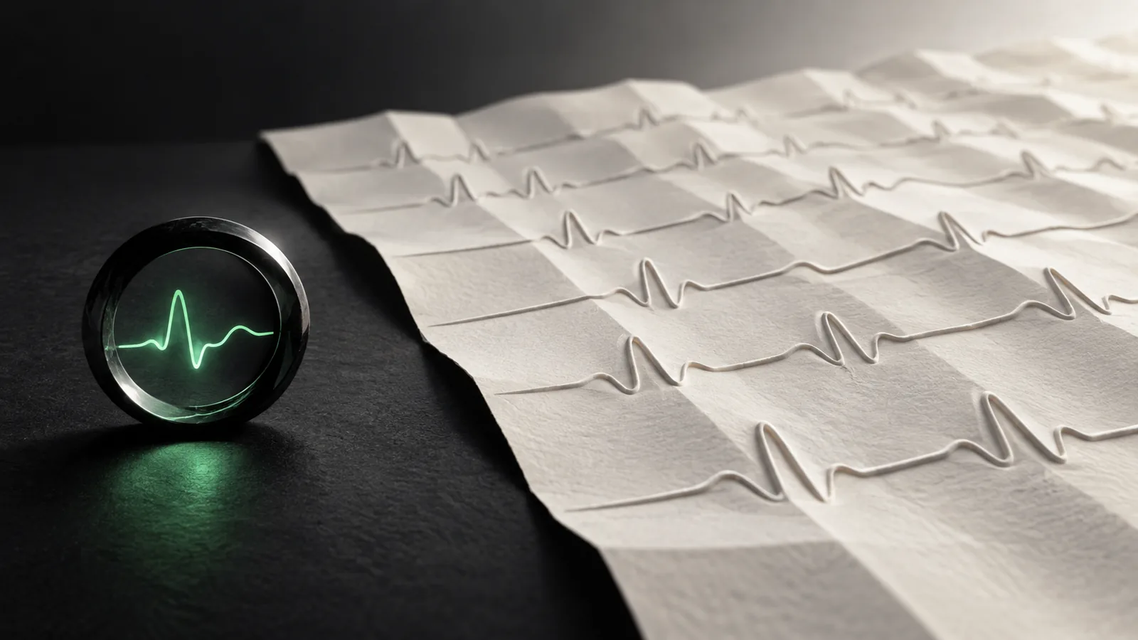 Minimal wrist-worn pulse trace beside a broader multichannel clinical waveform field without branding