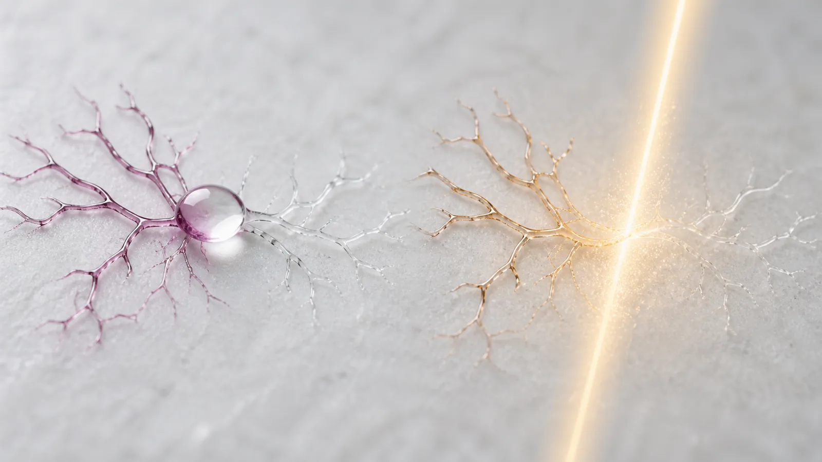 Two branching glass threads showing a contained chemical route and a separate focused light route