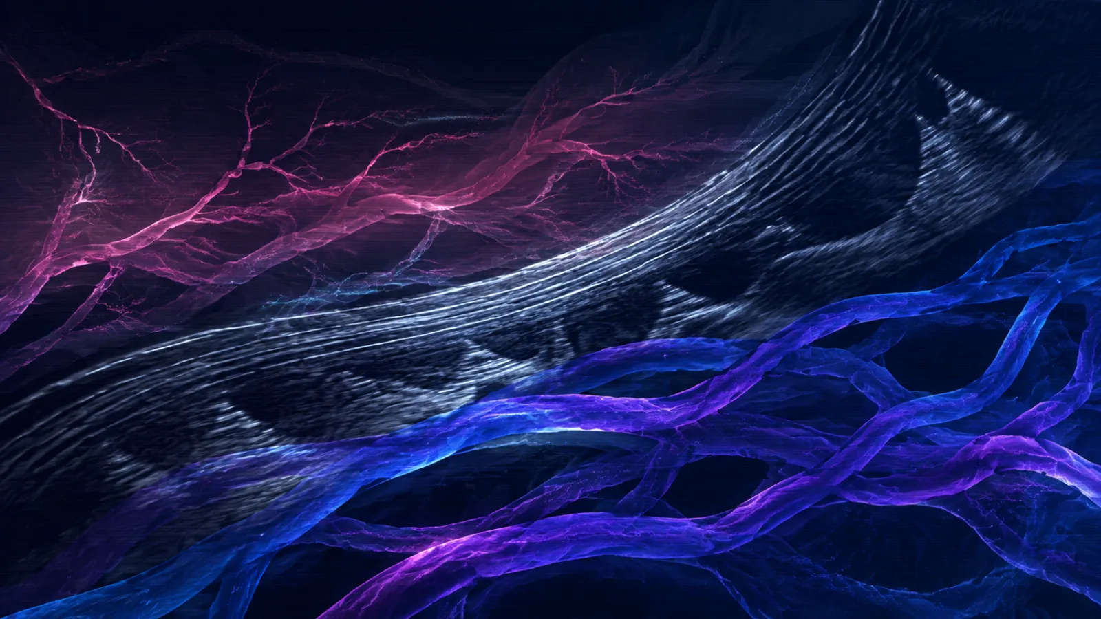 Abstract branching vessel lines beside a translucent ultrasound-wave pattern
