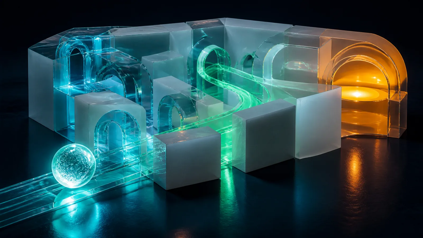 A luminous cell specimen moving through a branching evidence and regulatory checkpoint system