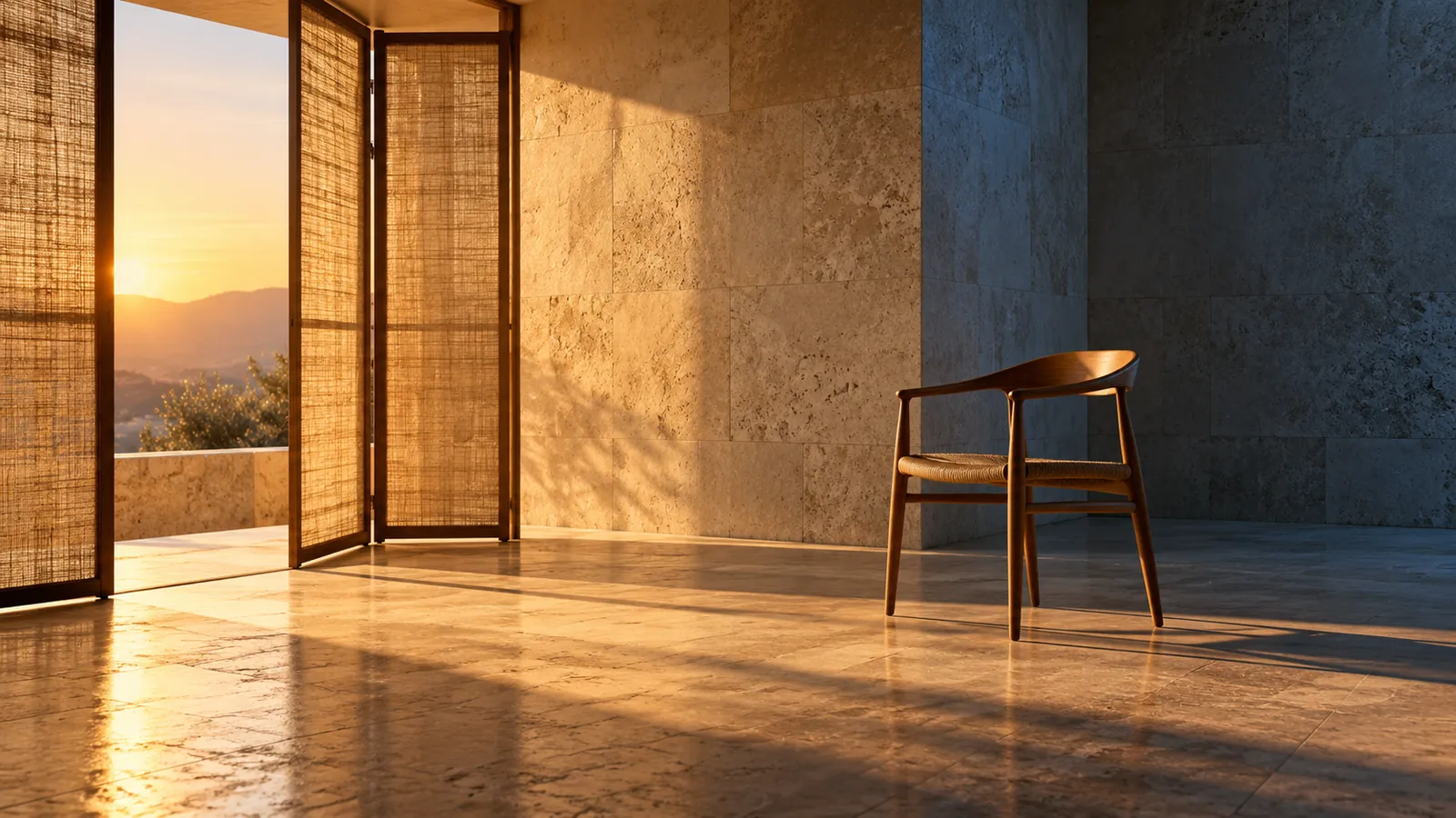 An empty chair near an open doorway in a quiet sunset-lit room