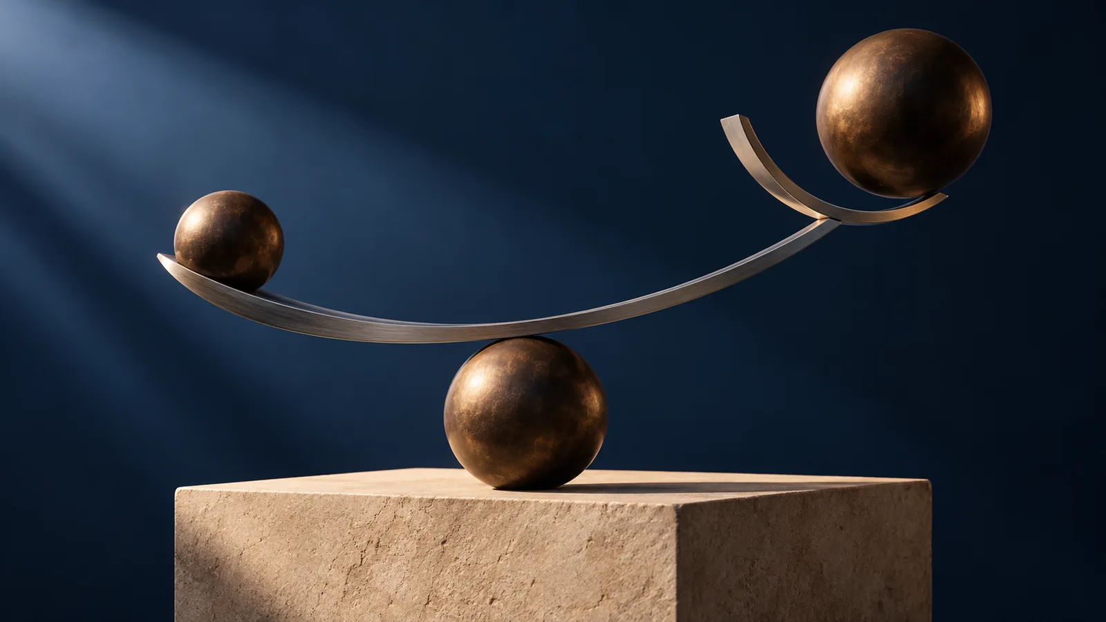 Two balanced bronze spheres on separate plinths suggest a deliberate treatment review