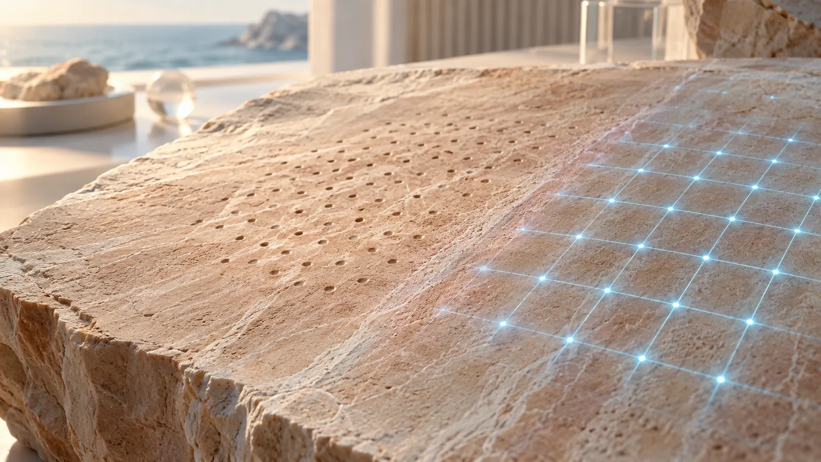 Fine linear striae on a textured surface crossed by a pinpoint pattern and a fractional light grid