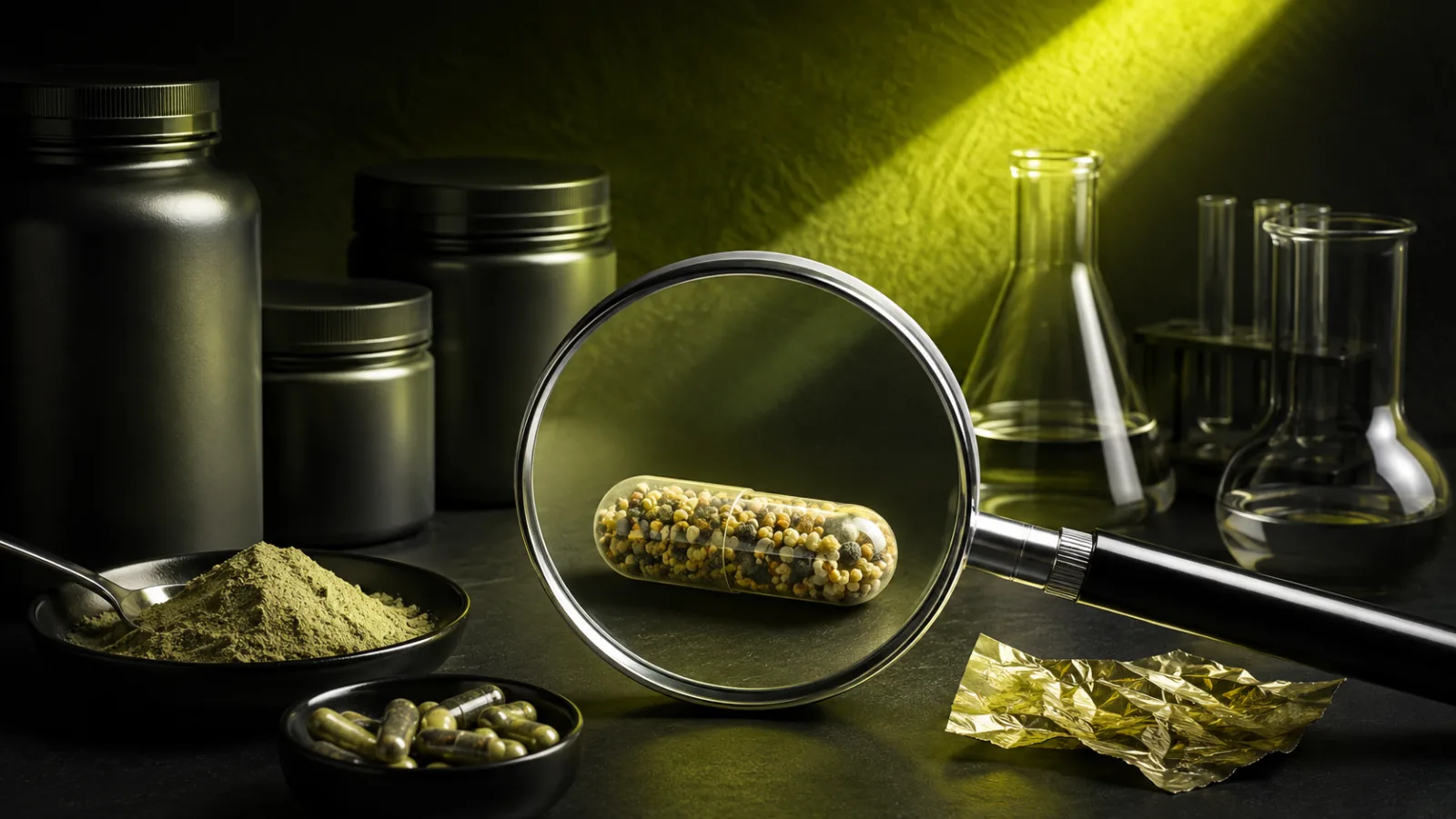 Unmarked capsule under a magnifying lens revealing mixed granules beside plain jars and lab glassware