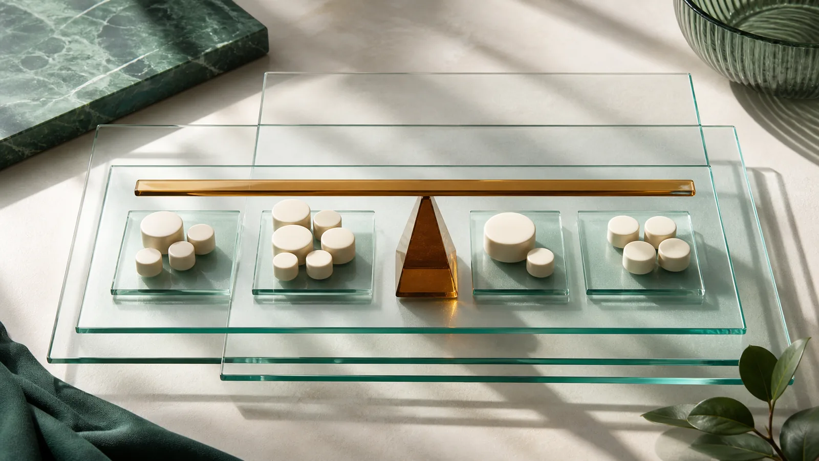 Layered transparent ledger sheets balancing separate groups of blank ceramic cost tokens