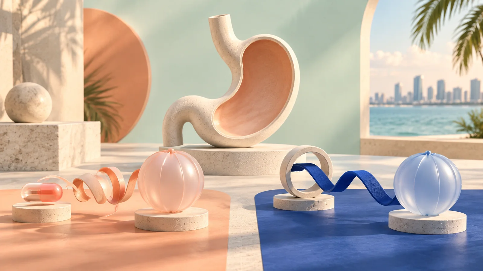 Two abstract stomach pathways comparing a capsule balloon with an endoscopically managed balloon