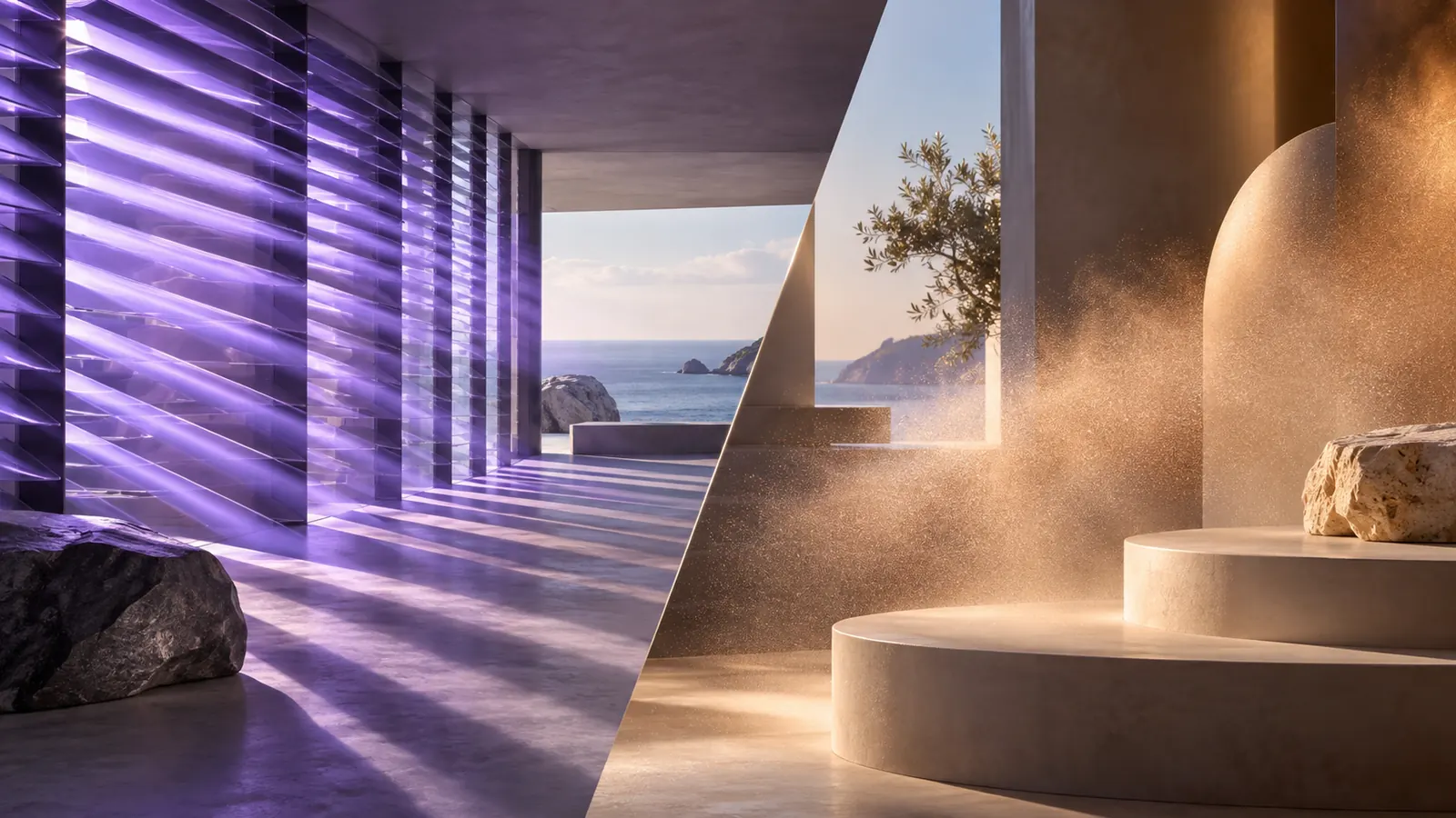 Violet ultraviolet rays contrast with a soft bronze mist across neutral sculptural surfaces