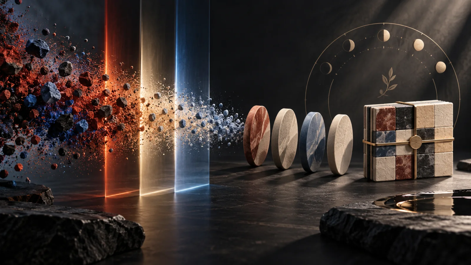 An abstract tattoo pigment map beside per-session tokens, a package ledger, wavelength bands, and a healing calendar