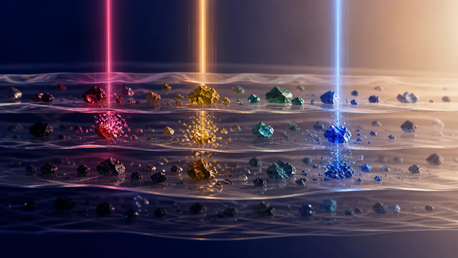 Colored mineral fragments separated by distinct light wavelengths over layered translucent skin-like planes