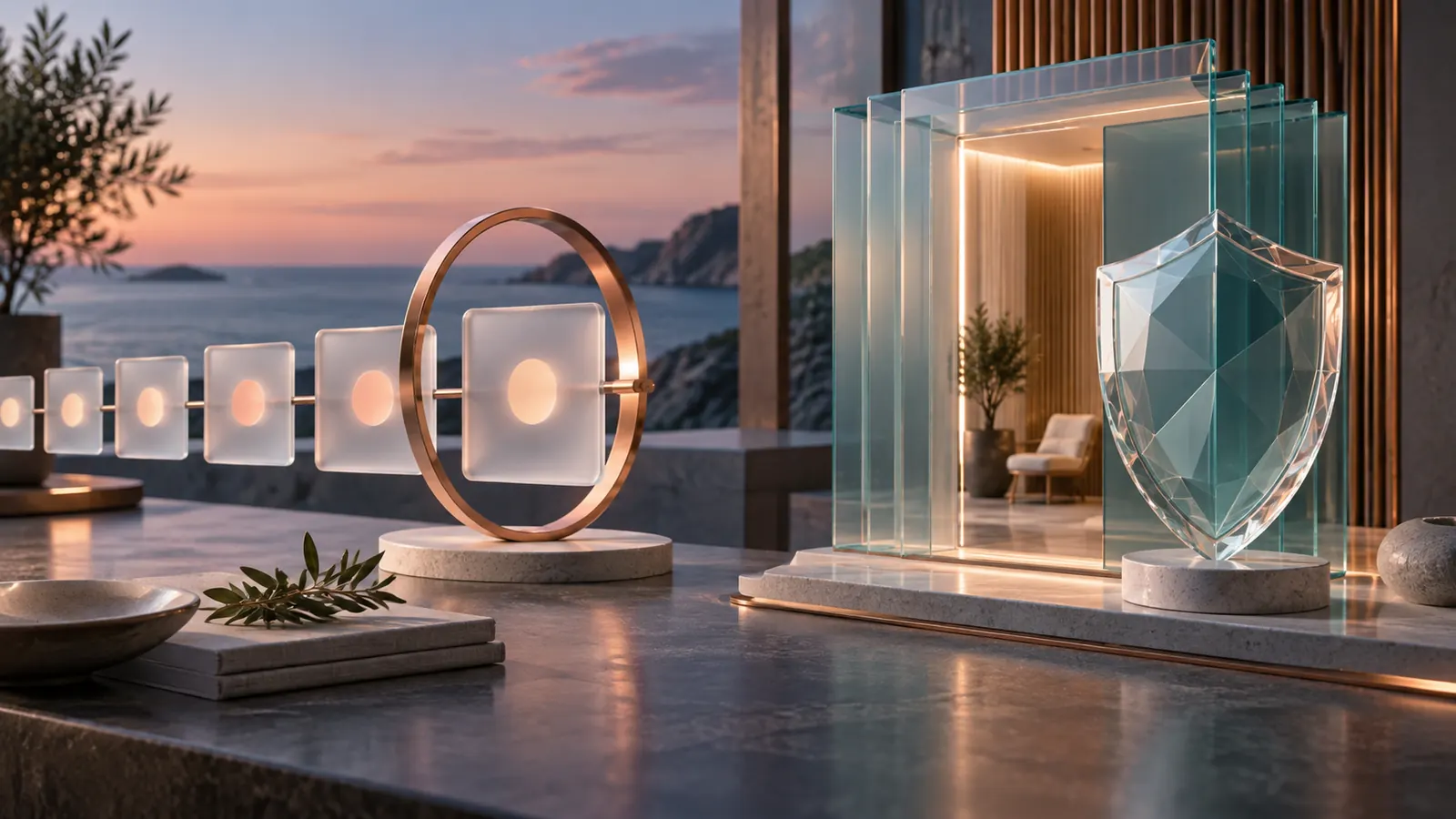A secure digital portal with a recurring ring and faceted privacy shield as text-free objects