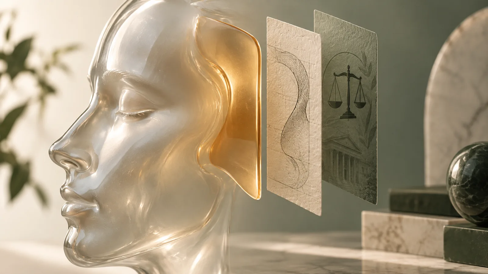 Abstract layered temple anatomy with a precisely bounded treatment plane and product record motif