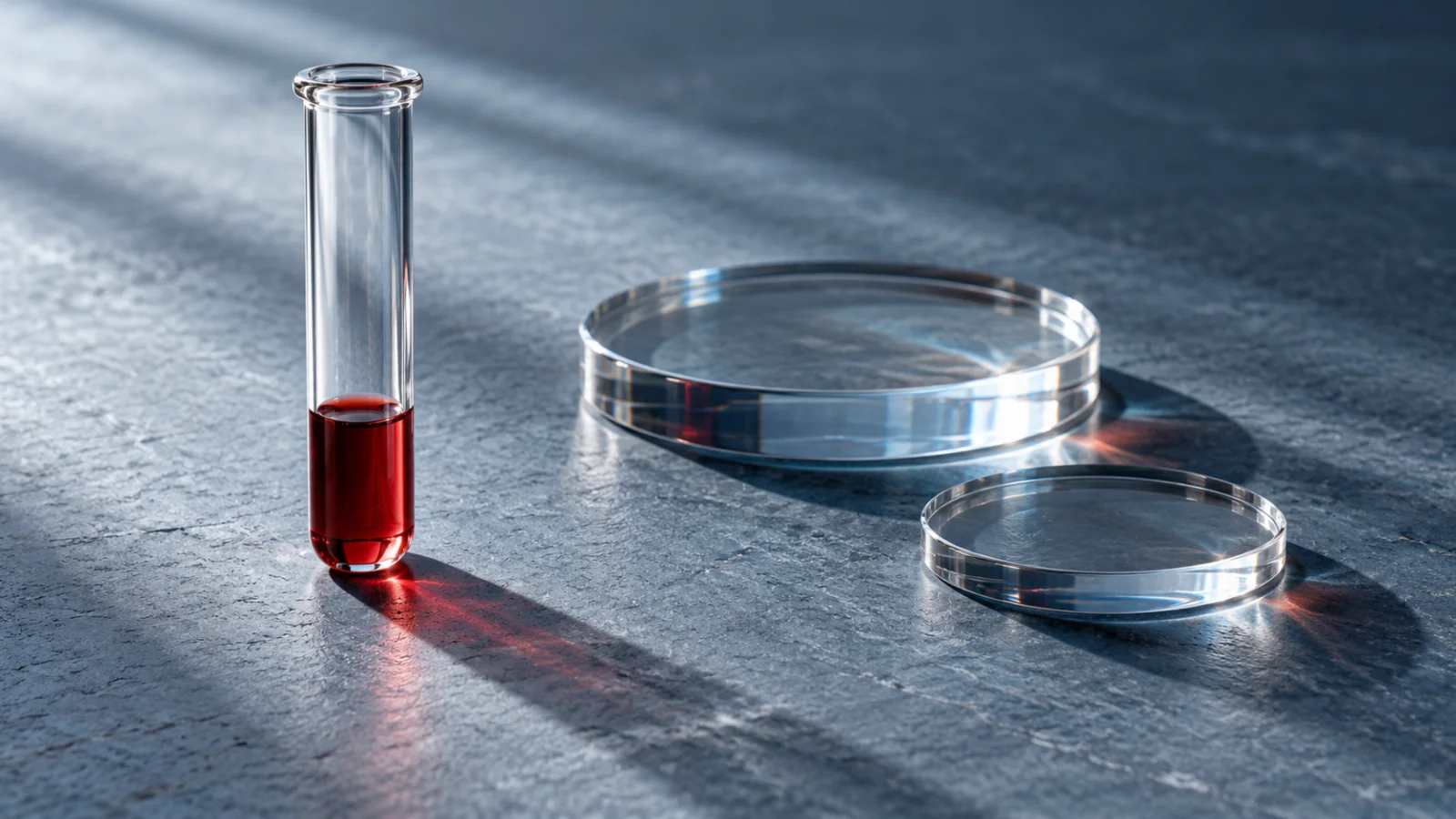 Unmarked glass tube with red liquid beside clear circular glass dishes