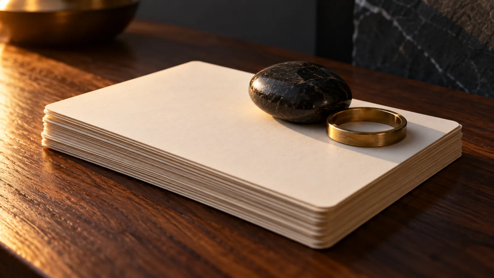 A stack of blank white cards with a smooth dark stone and gold ring