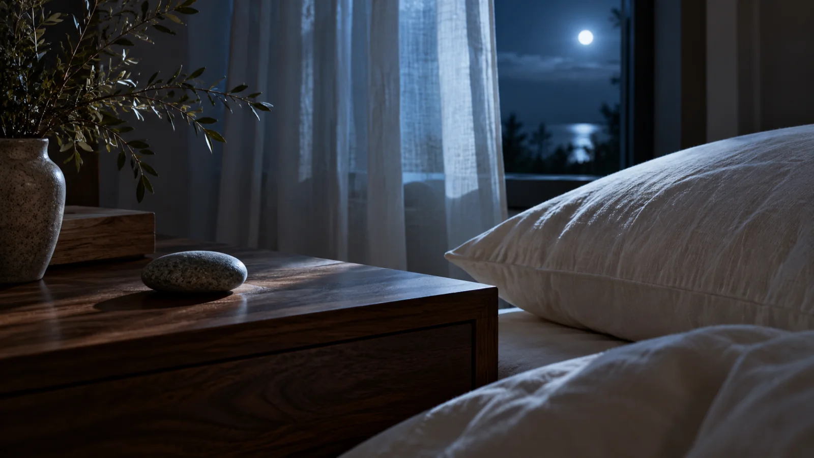 Quiet moonlit bedside with layered shadows suggesting an unresolved sleep question