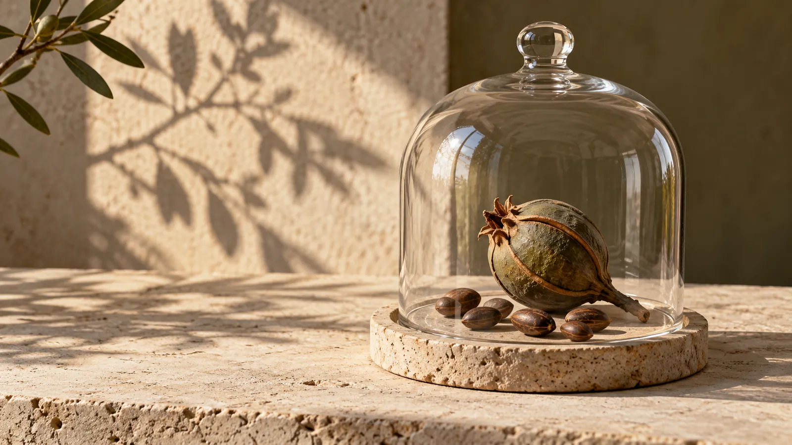 A seed pod preserved under a glass dome on a sunlit stone surface