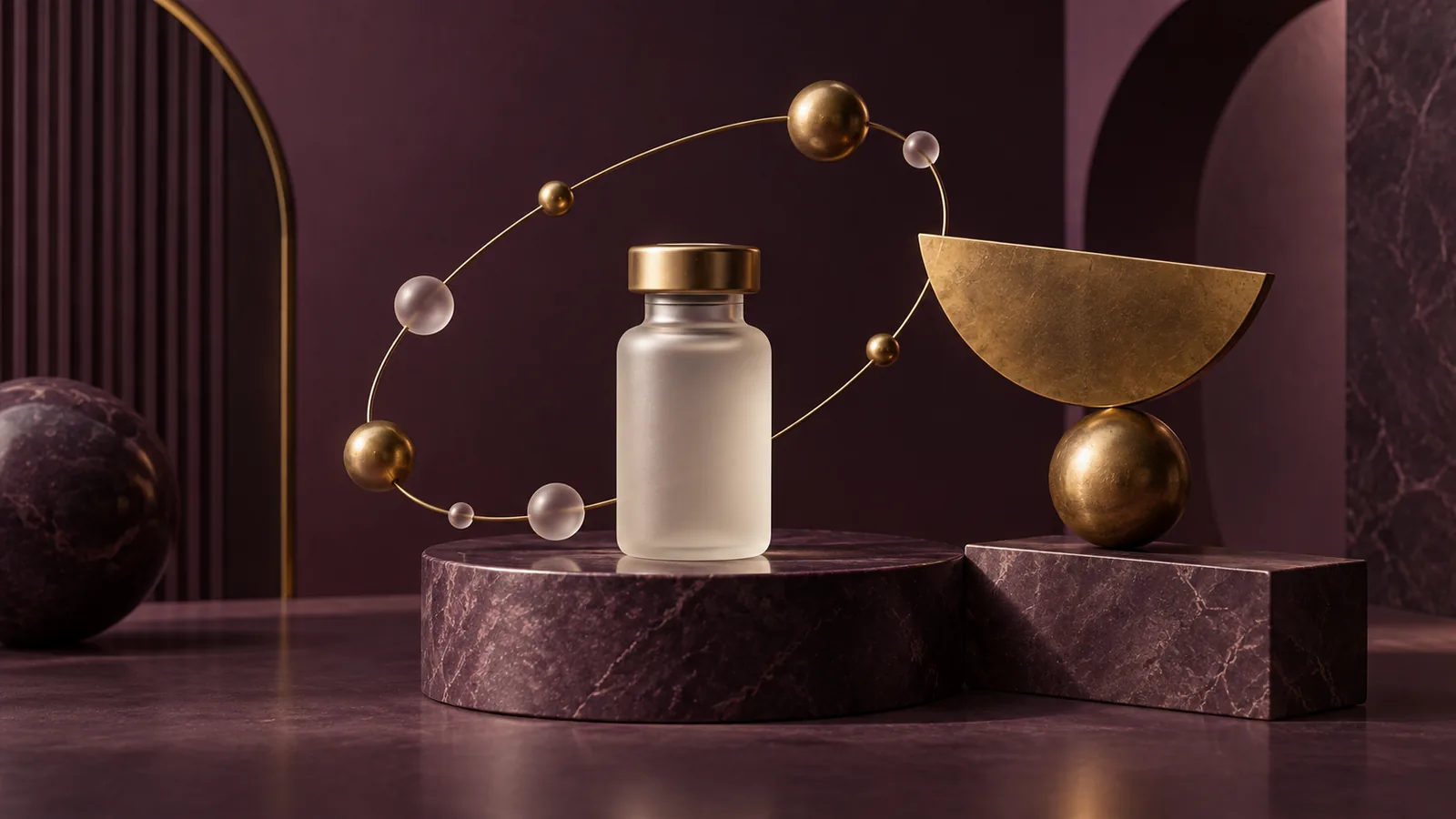 Frosted medicine vial, balance sculpture, and abstract hormone molecular orbit