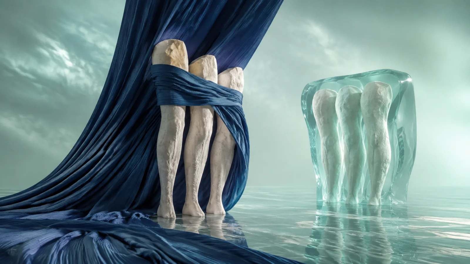 Abstract leg-form sculptures contrasting draped fabric with carved translucent volume