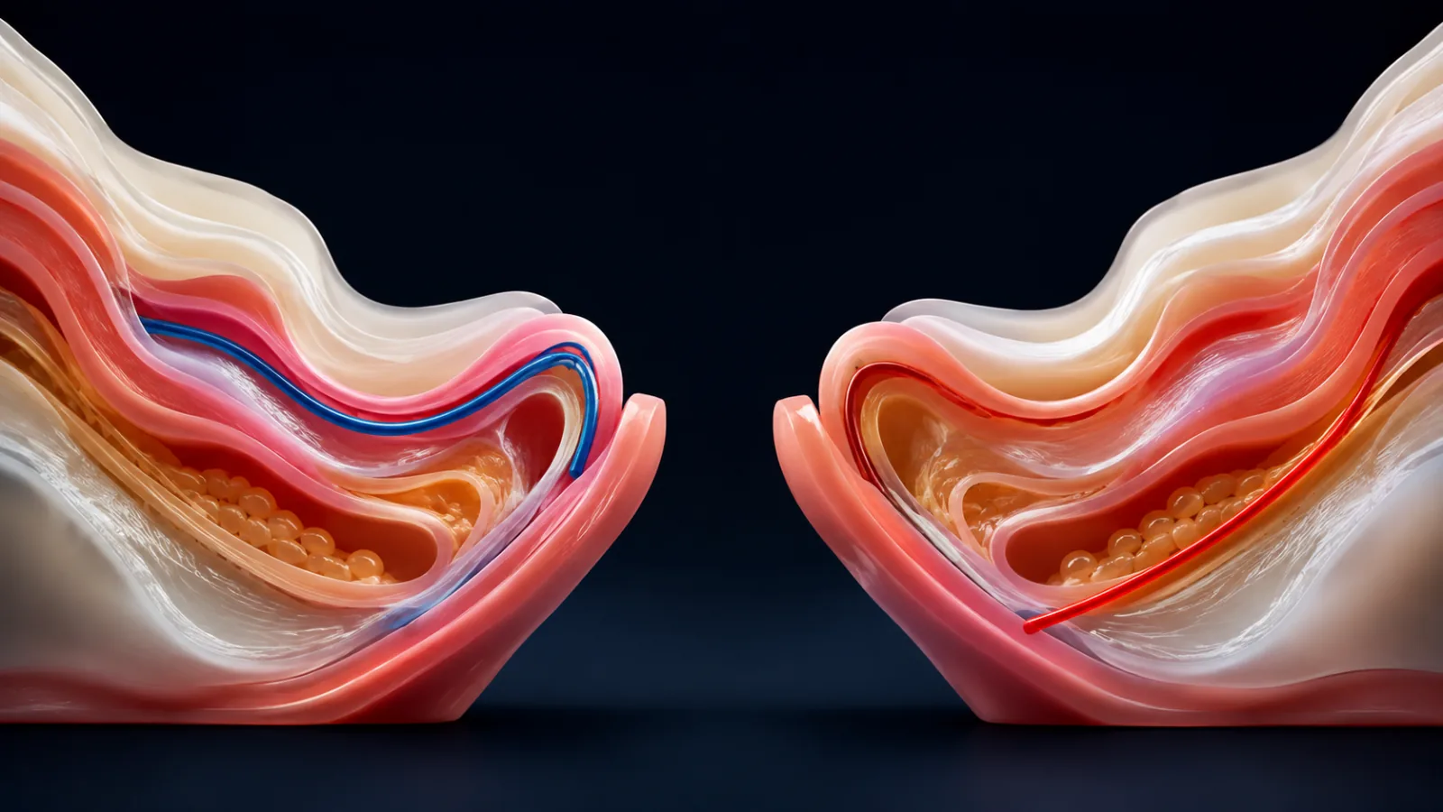 Paired abstract lower-eyelid cross-sections with inner-fold and outer-edge paths shown by embedded filaments