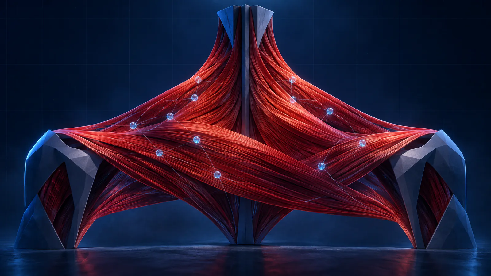 Abstract trapezius muscle ribbons crossed by a sparse injection constellation