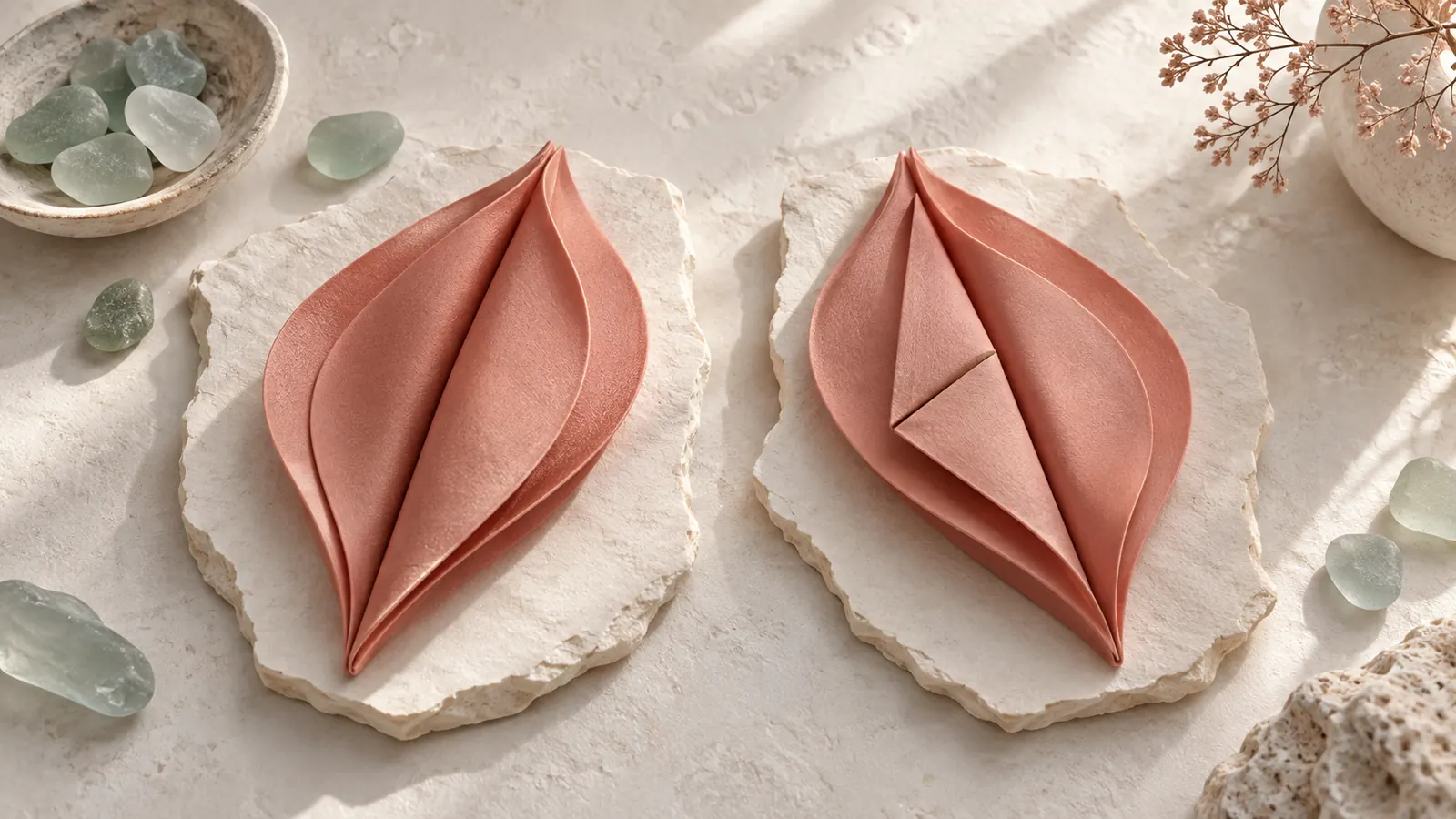 Tasteful coral silk folds comparing an edge contour with a central wedge geometry
