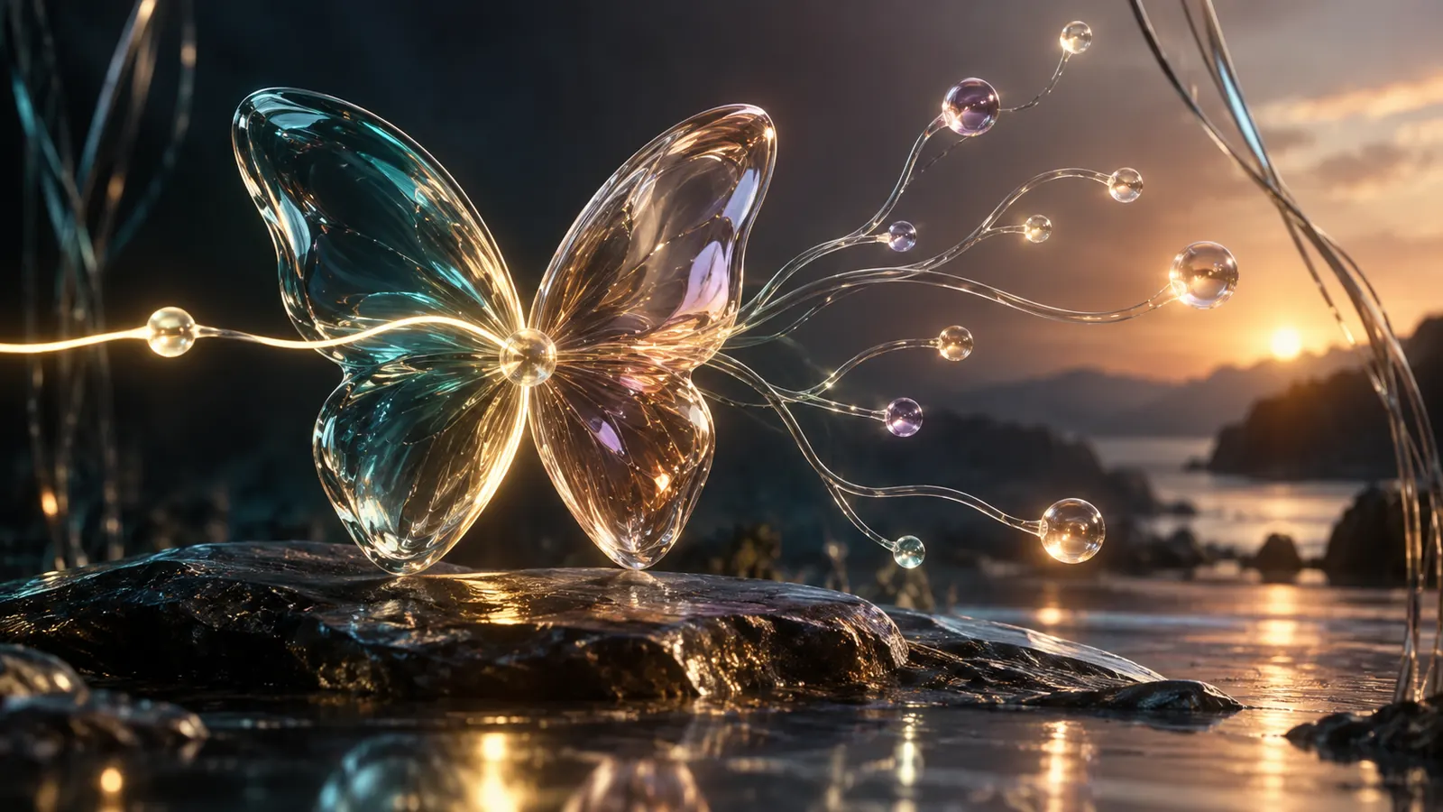 A translucent butterfly-shaped form surrounded by a single signal and a branching laboratory map