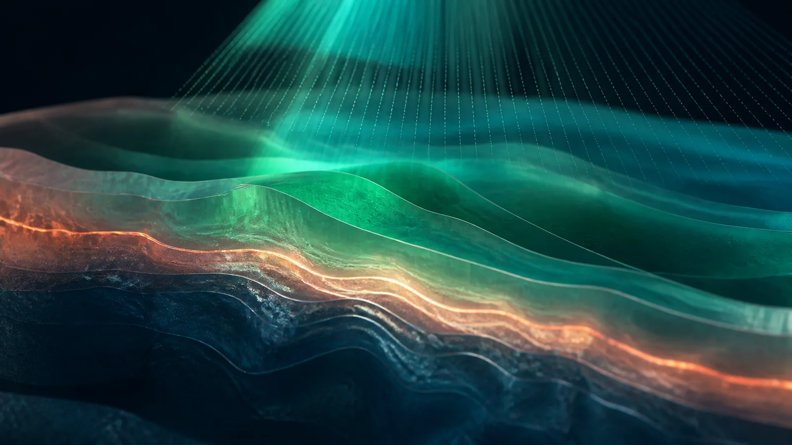Abstract teal topographic layers with a warm boundary line and scanning light representing subcutaneous plane verification