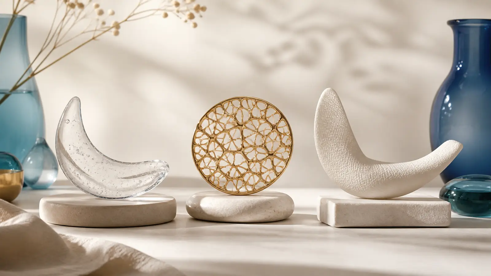 Clear gel crescent, golden lattice disc, and folded ivory arc on separate platforms
