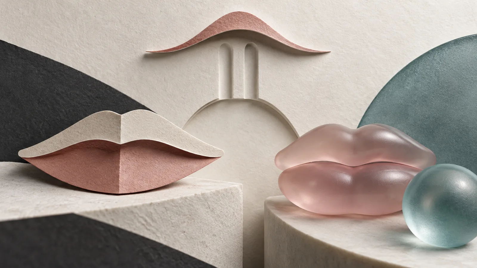 Abstract philtral geometry contrasted with soft lip-volume forms and a restrained incision arc
