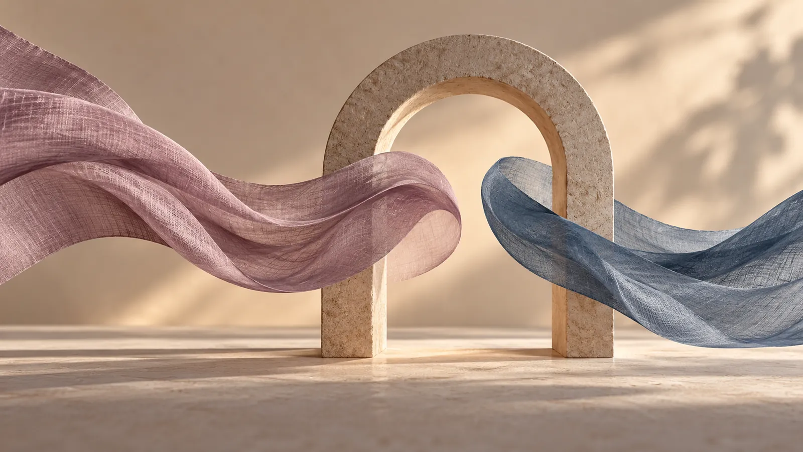 Two flowing fabric ribbons passing through a simple stone arch