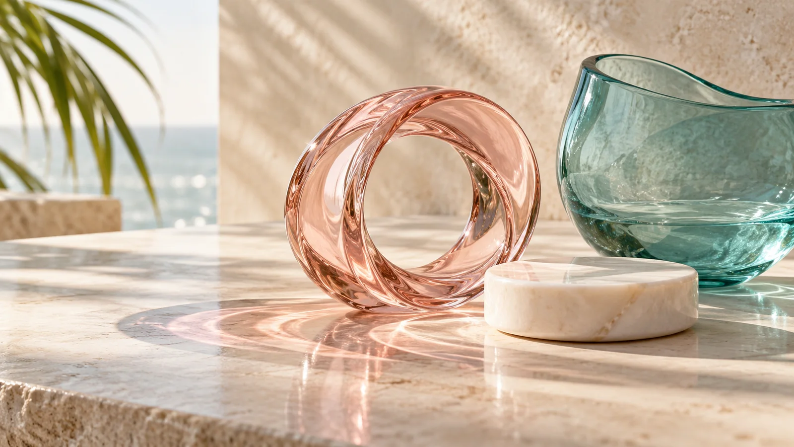 Rose glass loop, ivory disk and sea-glass vessel on pale stone, arranged as an abstract cycle