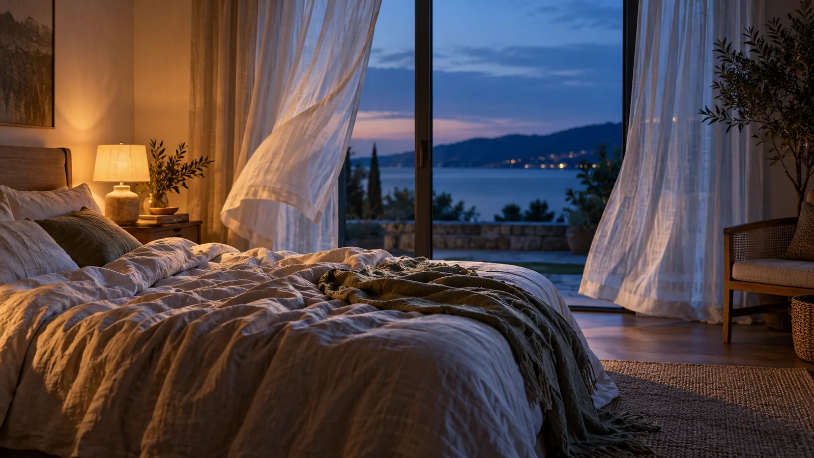 An empty bedroom with billowing curtains in cool evening light