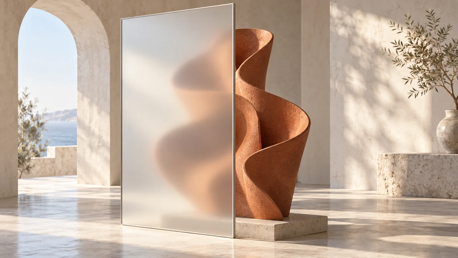 Terracotta sculpture partly obscured by a freestanding frosted-glass panel