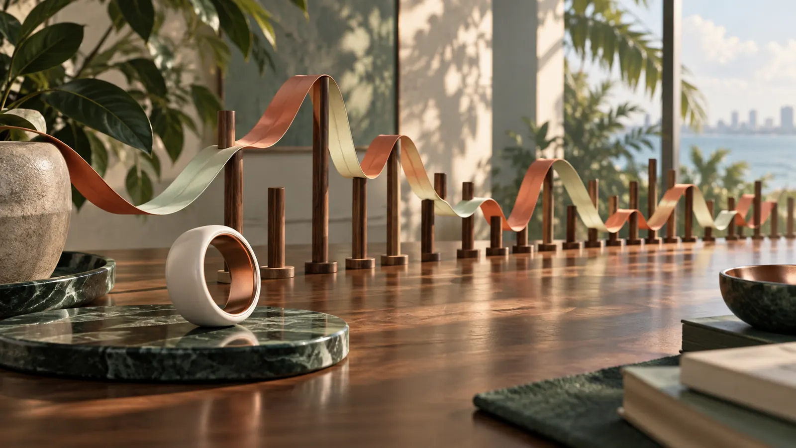 An unbranded wearable ring beside a clinical rhythm rendered as a flowing physical ribbon