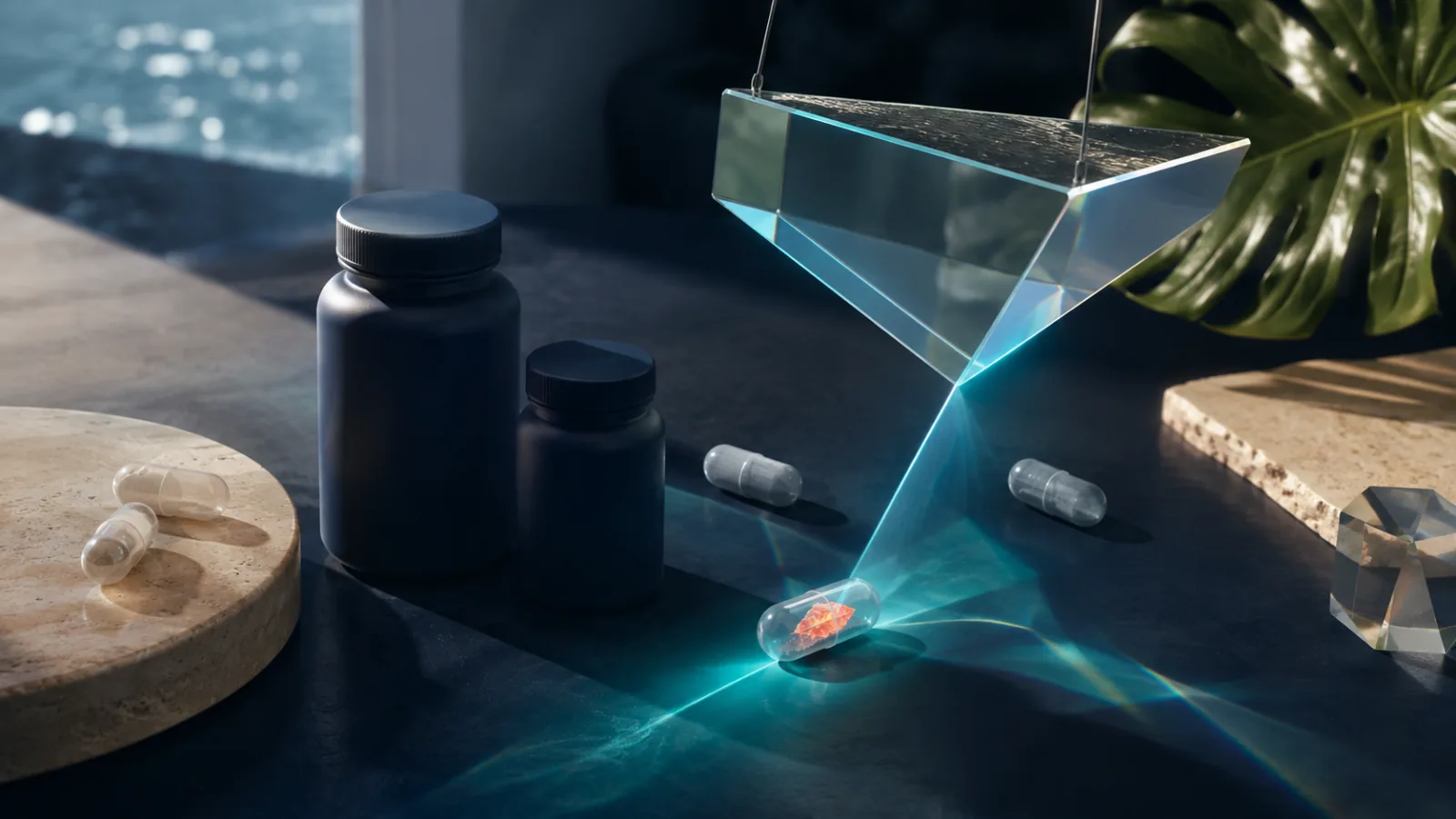 Unbranded supplement capsules under spectral inspection revealing an unexpected inner element